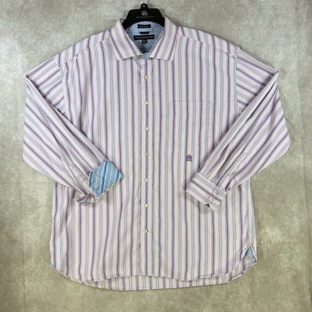 Tommy Hilfiger Shirt Men XXL Purple Striped Button Flip Cuff Preppy Classiccore‎